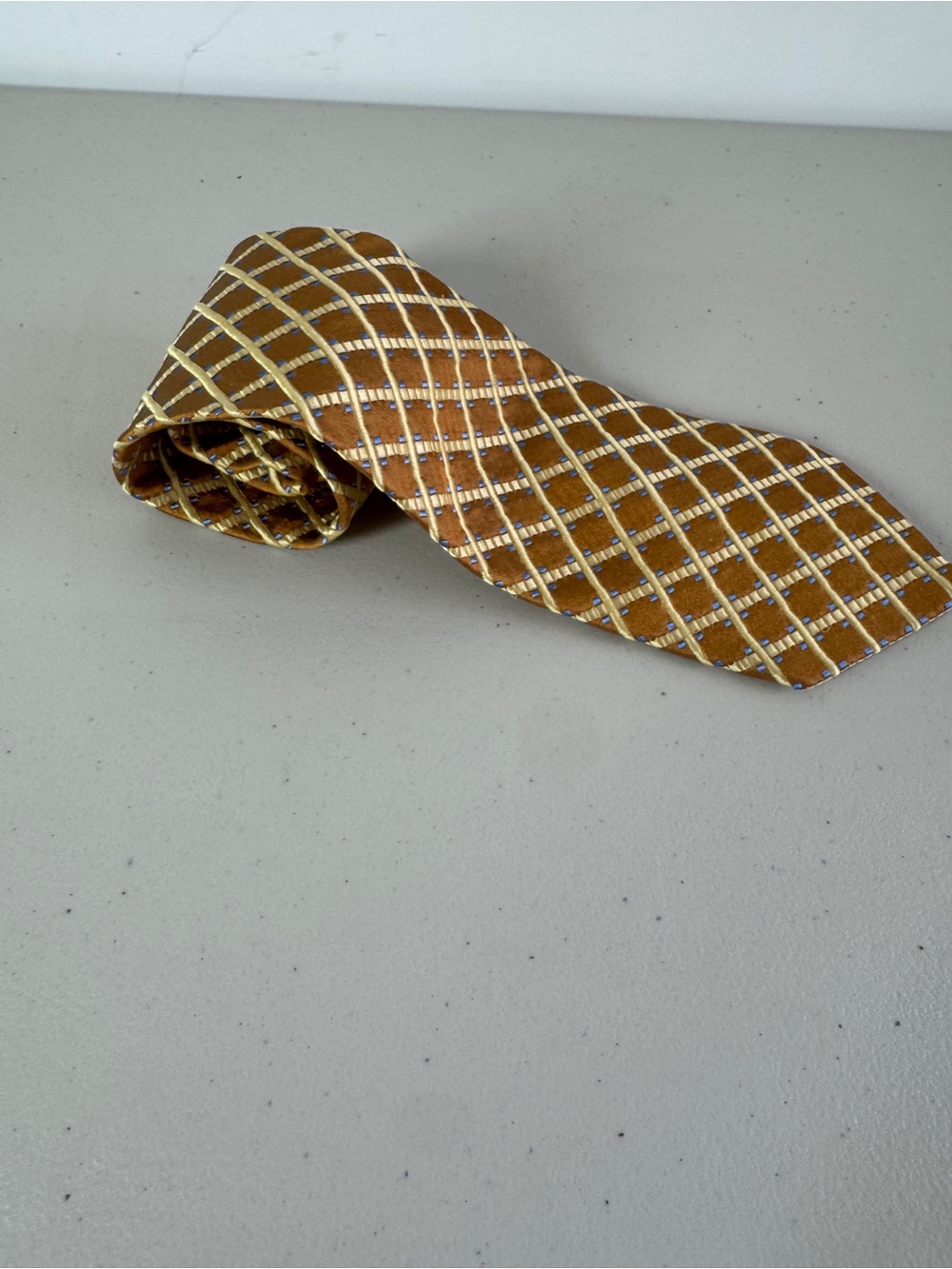 Ermenegildo Zegna Silk Necktie Gold Geometric Grid Luxury Designer Tie Classic - Picture 3 of 12